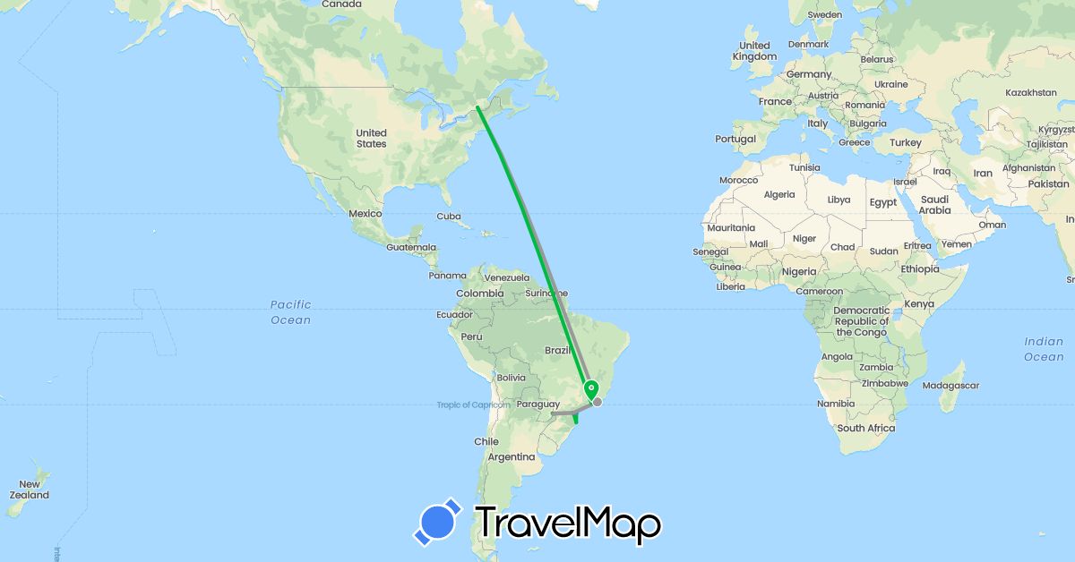 TravelMap itinerary: bus, plane, train, boat in Argentina, Brazil, Canada (North America, South America)